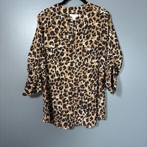 Charter Club Women's Leopard Print Button Up Shirt - Size Large - Collarless Top